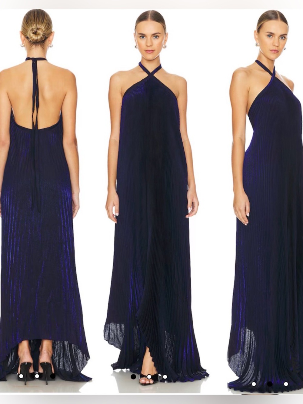 L'IDEE Deesse Gown in Midnight Shimmer
Sleeveless Navy Halter Pleated Dress Sz S